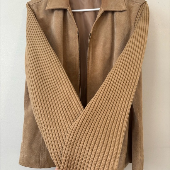 Vintage AMI Preppy Suede Leather Tan Zip Up Jacket Cotton sleeves Large - XL - Picture 9 of 12